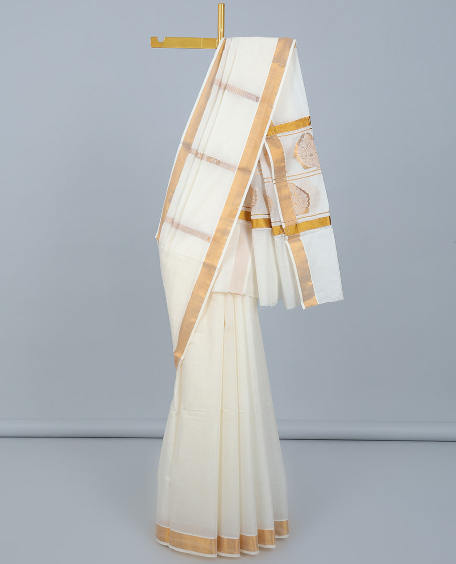 Cream kerala saree with zari stripes, plain border & pallu of zari designs