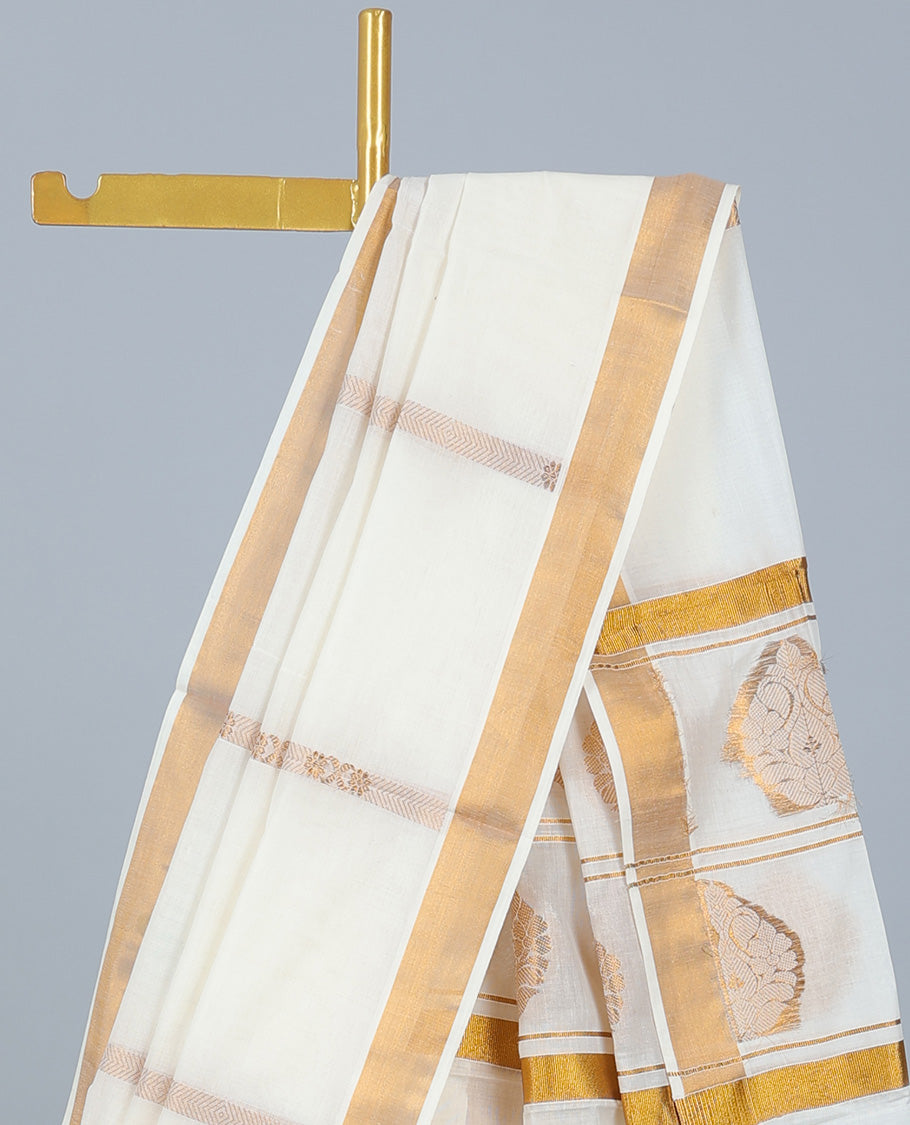 Cream kerala saree with zari stripes, plain border & pallu of zari designs