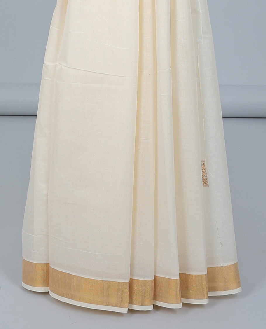 Cream plain kerala saree, plain border & pallu of zari paisley designs