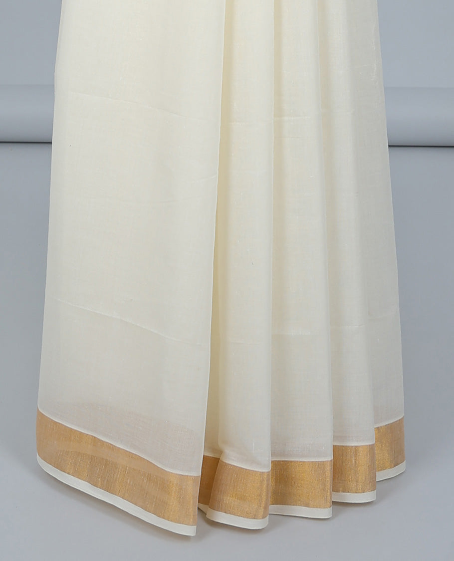 Cream kerala saree with zari designs, plain border & pallu of bird designs