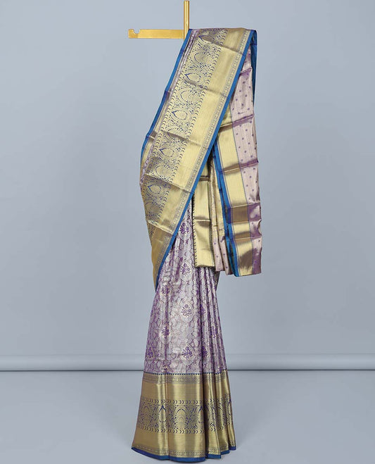 Light violet jacquard budget silk saree, contrast traditional design zari border & pallu of intricate designs