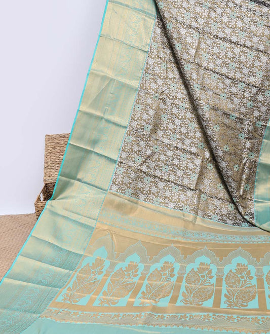 Grey floral jacquard budget silk saree, contrast traditional design zari border & pallu of intricate designs
