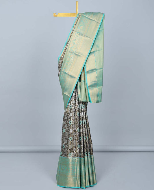 Grey floral jacquard budget silk saree, contrast traditional design zari border & pallu of intricate designs