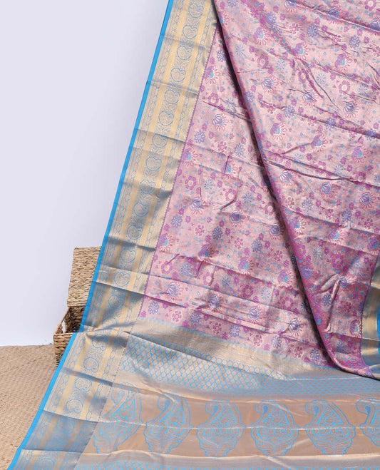 Purple floral jacquard budget silk saree, contrast traditional design zari border & pallu of intricate designs