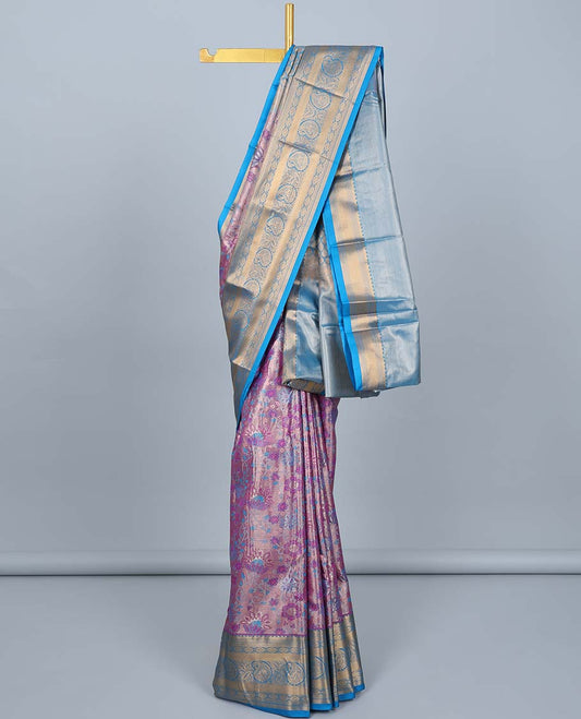 Purple floral jacquard budget silk saree, contrast traditional design zari border & pallu of intricate designs