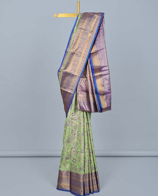 Green floral jacquard budget silk saree, contrast traditional design zari border & pallu of intricate designs