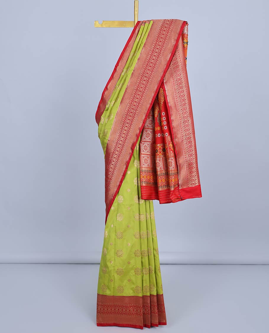Green semi banaras saree with zari buttas, contrast traditional design border & pallu of ikkat designs