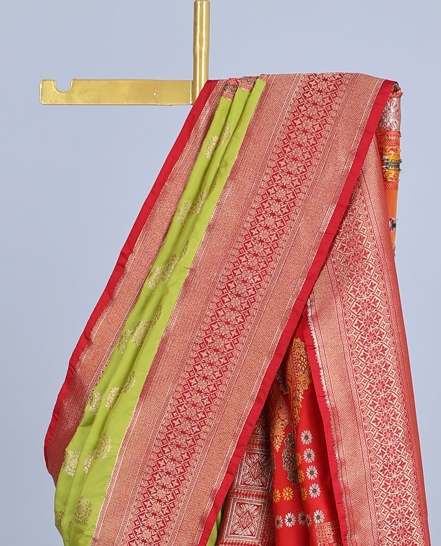 Green semi banaras saree with zari buttas, contrast traditional design border & pallu of ikkat designs
