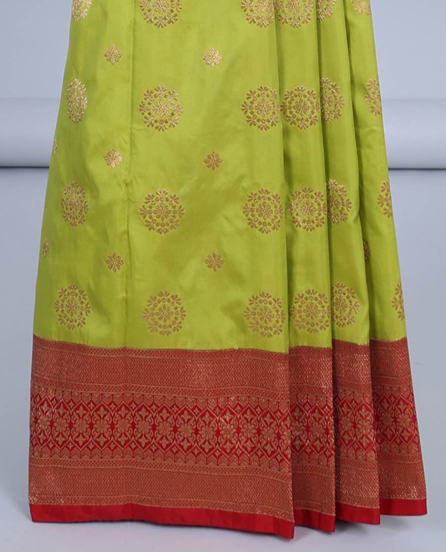 Green semi banaras saree with zari buttas, contrast traditional design border & pallu of ikkat designs