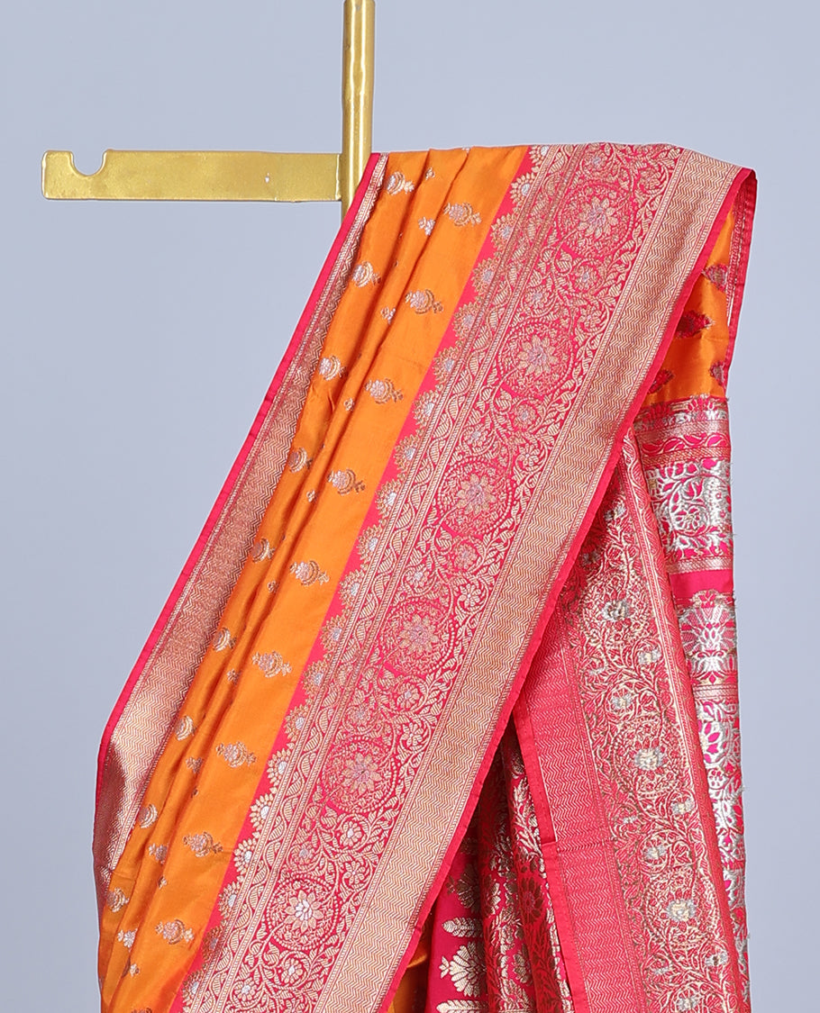 Orange semi-banaras jute saree with buttas, contrast border of floral designs & intricate floral pallu