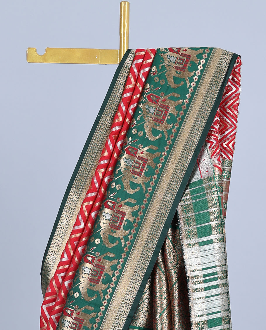 Red chevron jacquard semi-banaras jute saree, contrast patola-style border of elephant designs&pallu of intricate design