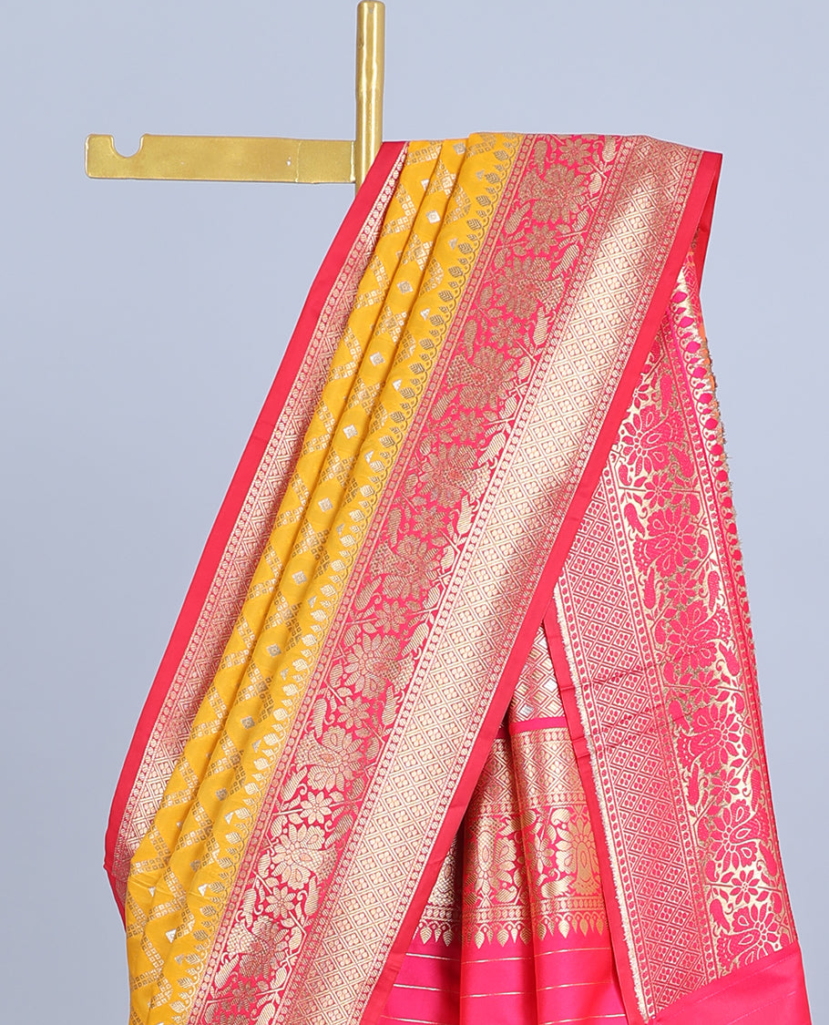 Yellow jaal jacquard semi-banaras jute saree, contrast floral design border & pallu of jaal designs