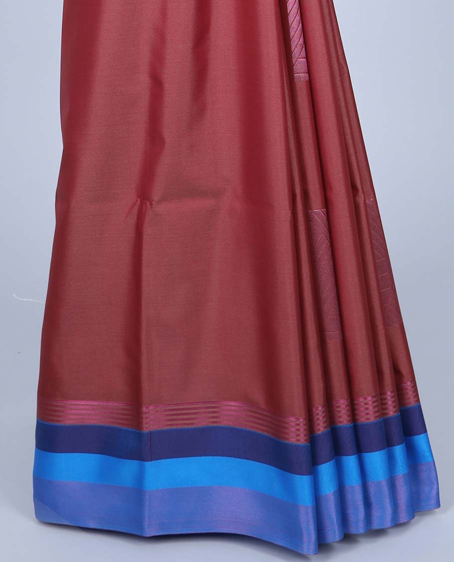 Maroon semi-soft silk saree with zari buttas,contrast border & intricate pallu of jaal designs