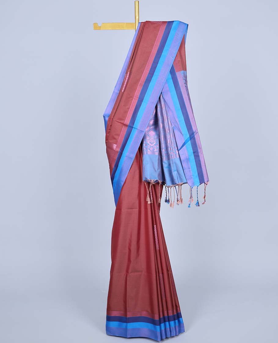 Maroon semi-soft silk saree with zari buttas,contrast border & intricate pallu of jaal designs