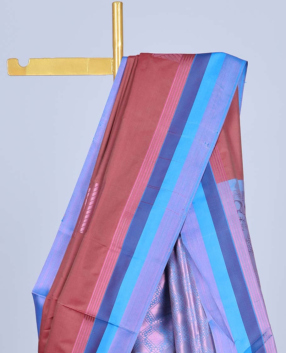 Maroon semi-soft silk saree with zari buttas,contrast border & intricate pallu of jaal designs