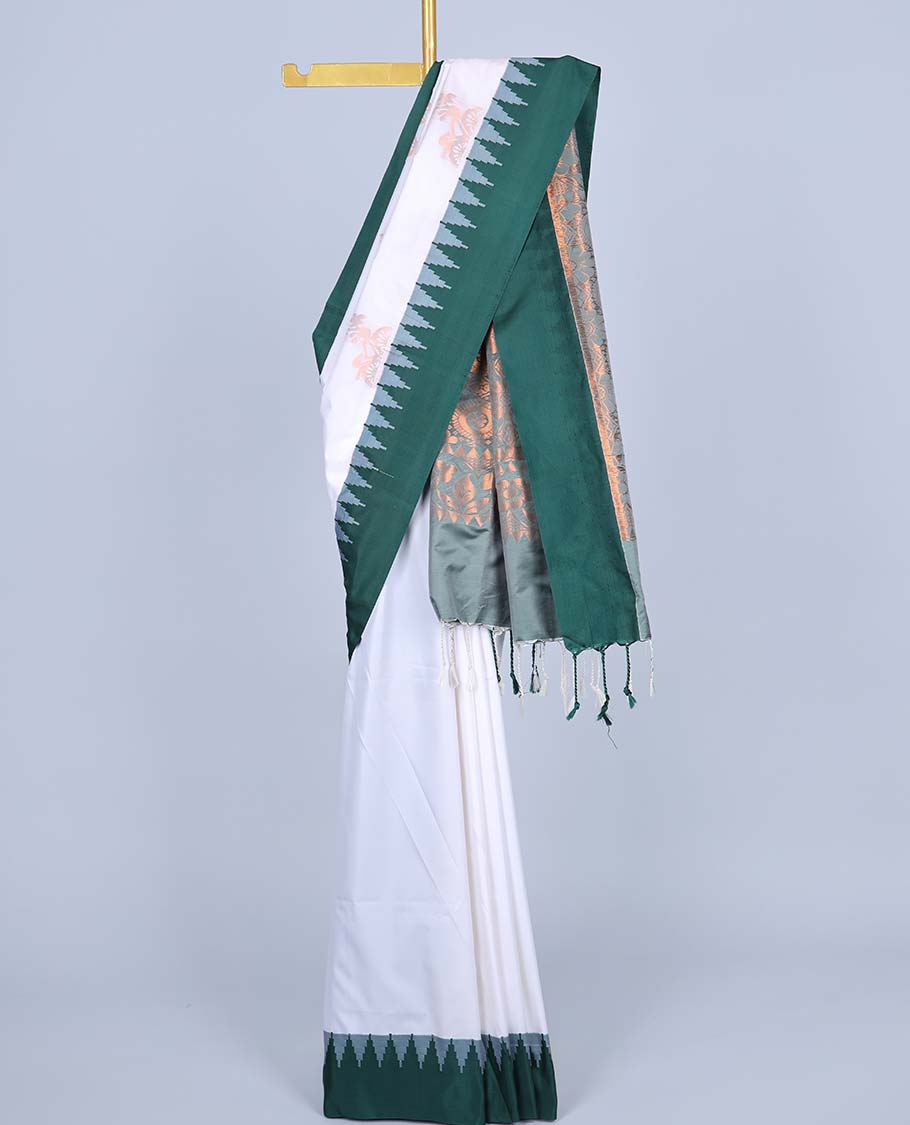 White semi-soft silk saree with zari buttas, contrast vidarbha border & pallu of intricate designs