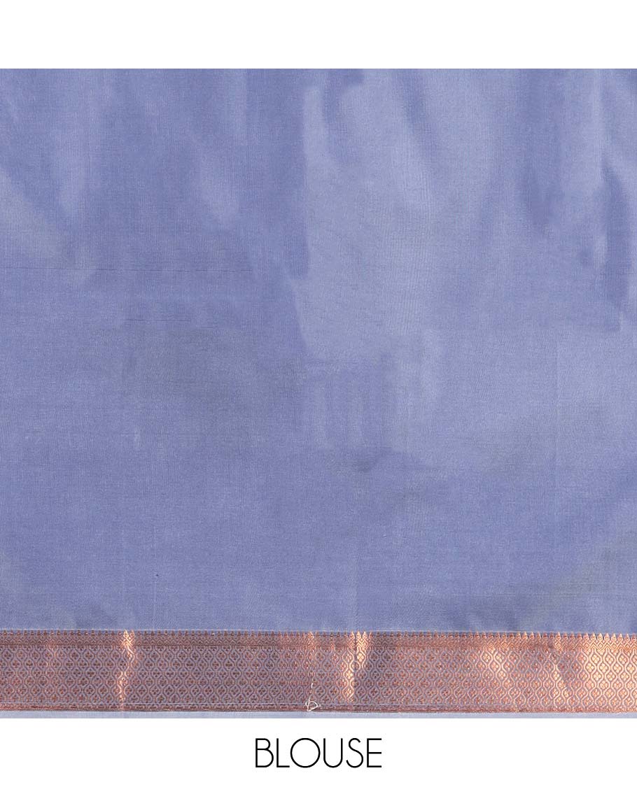 Peach semi-soft silk saree with zari buttas, ogee patterned border & contrast pallu of intricate designs
