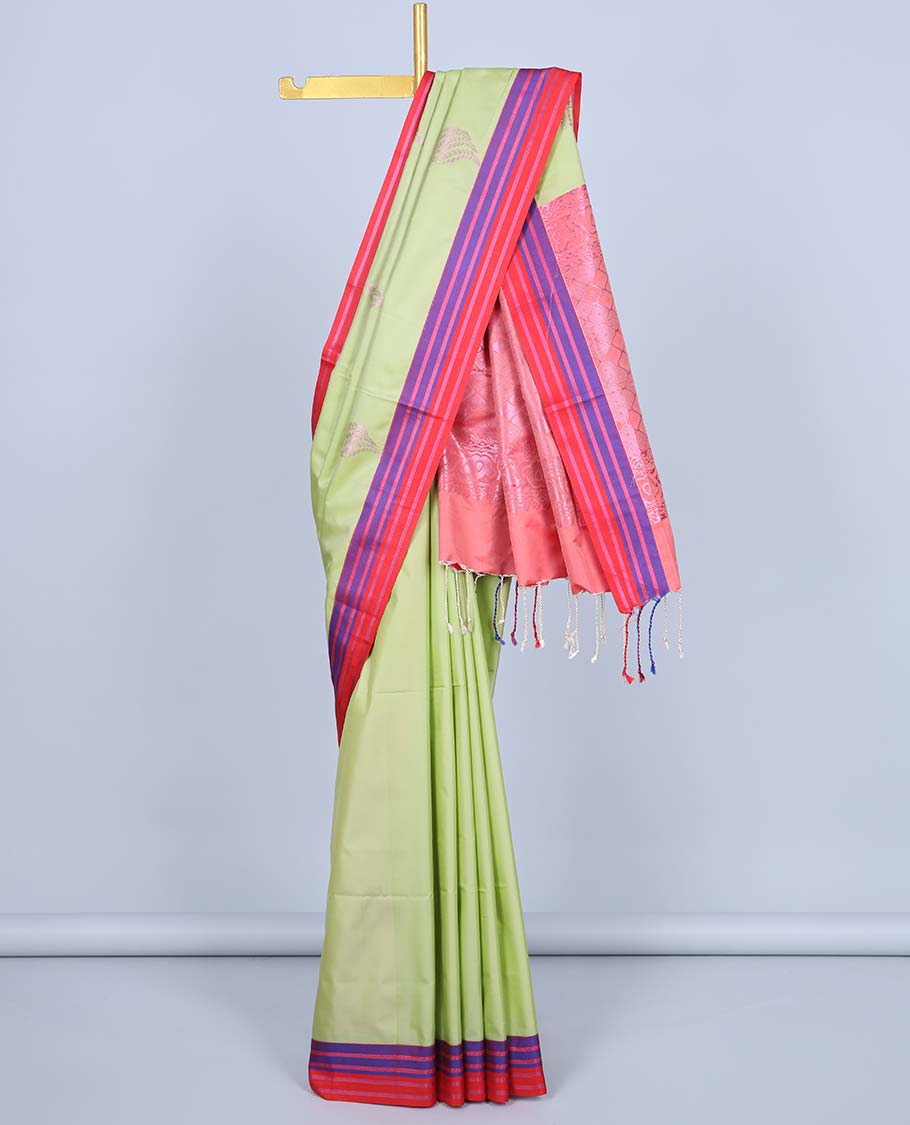 Green semi-soft silk saree with zari buttas, contrast striped border &  pallu of ogee patterns