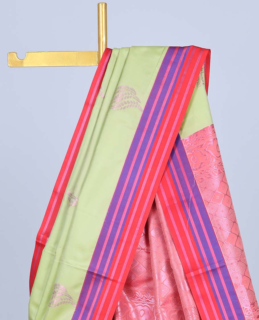 Green semi-soft silk saree with zari buttas, contrast striped border &  pallu of ogee patterns