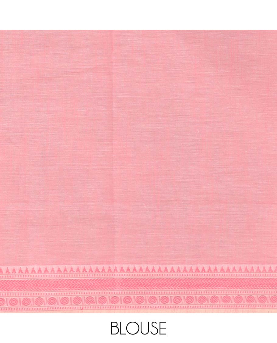 Peach kalamkari-style figurines printed Kuppadam cotton saree, traditional design border & pallu of stripes