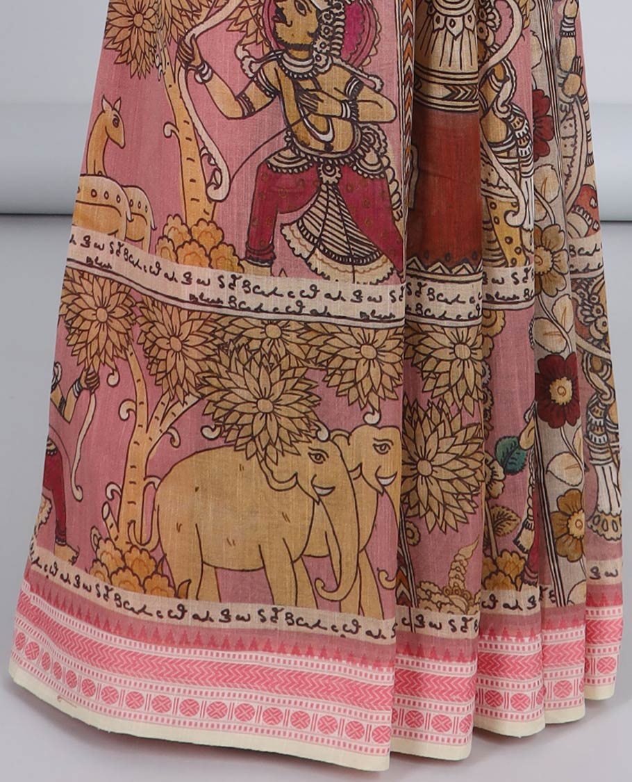 Peach kalamkari-style figurines printed Kuppadam cotton saree, traditional design border & pallu of stripes