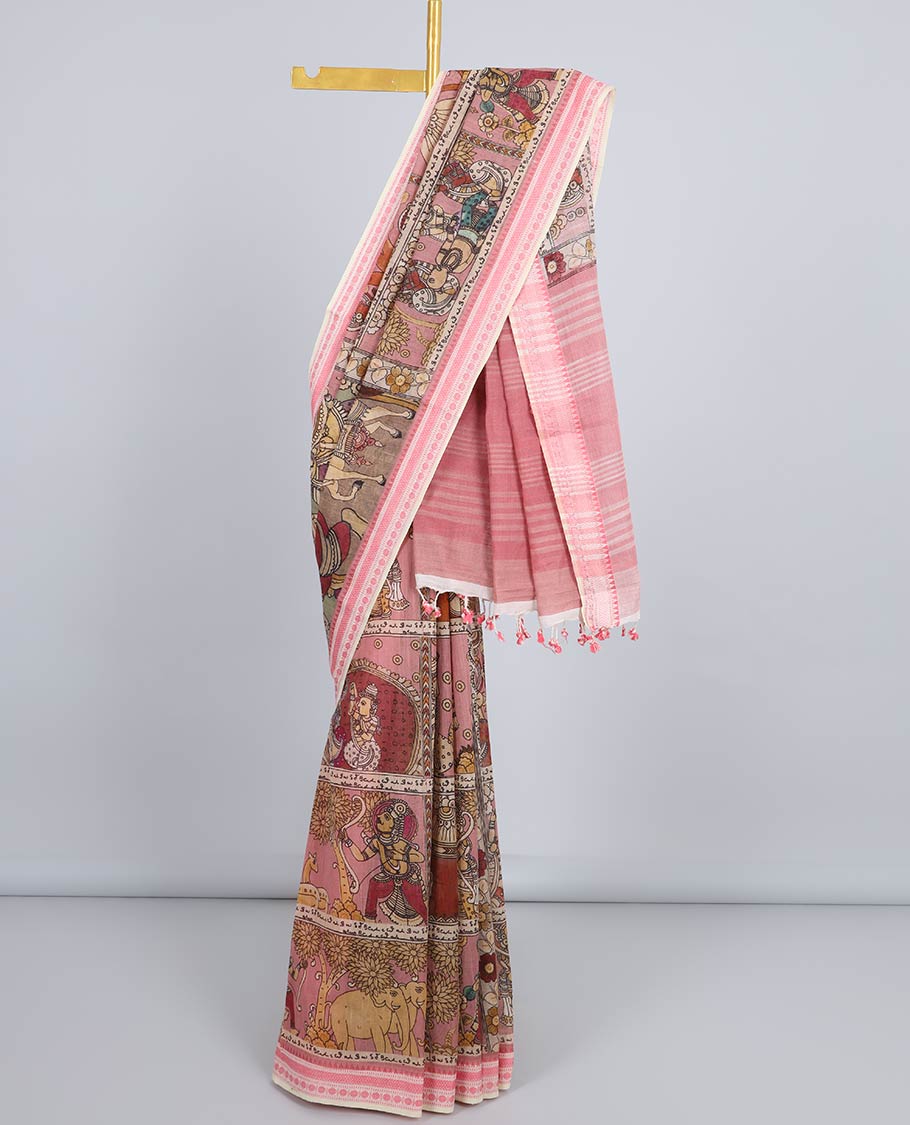 Peach kalamkari-style figurines printed Kuppadam cotton saree, traditional design border & pallu of stripes