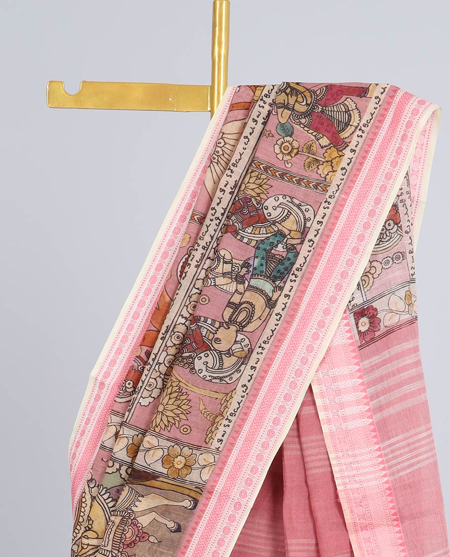 Peach kalamkari-style figurines printed Kuppadam cotton saree, traditional design border & pallu of stripes