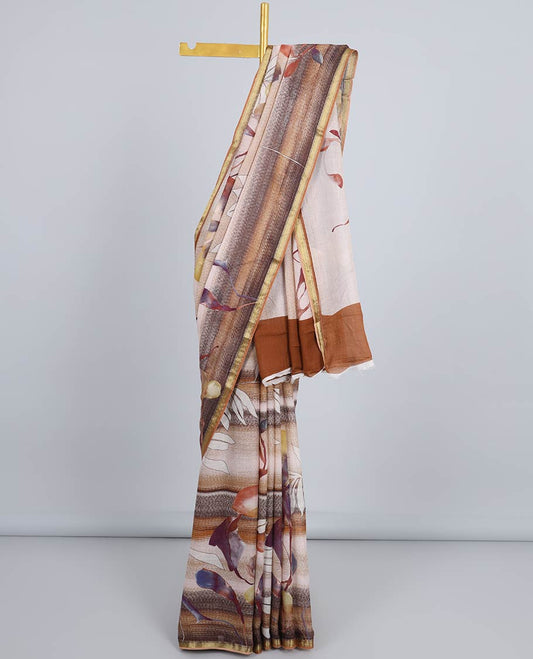 Multi-color abstract-style floral printed Kuppadam cotton saree, zari border & pallu of floral print