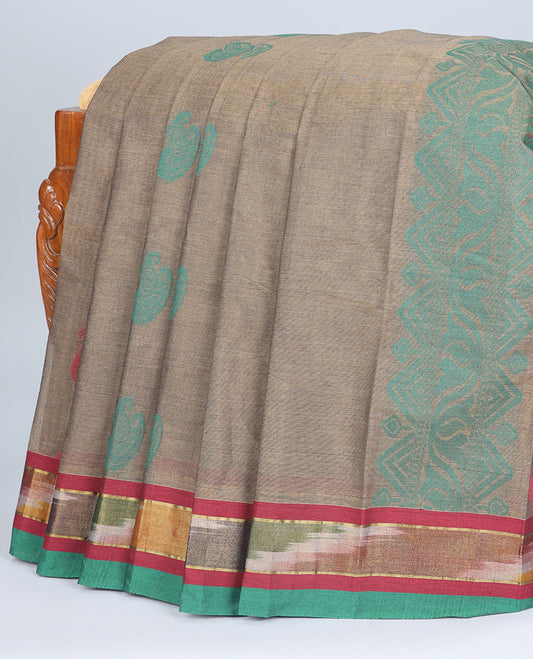Grey kanchi cotton saree with buttas, contrast ikkat border & pallu of intricate designs