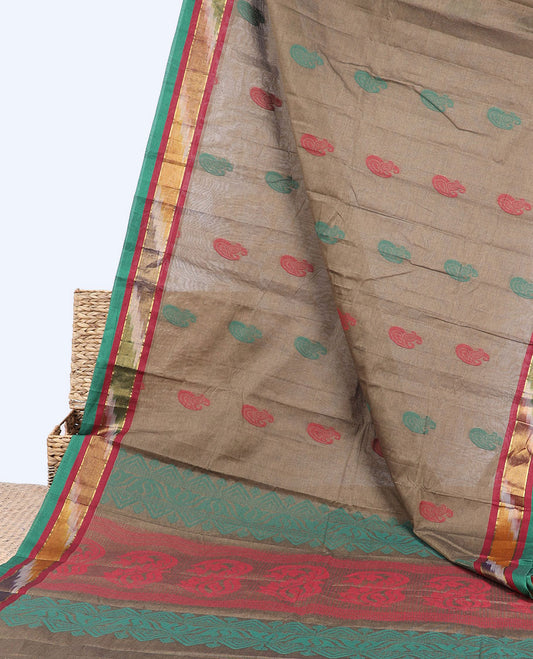 Grey kanchi cotton saree with buttas, contrast ikkat border & pallu of intricate designs