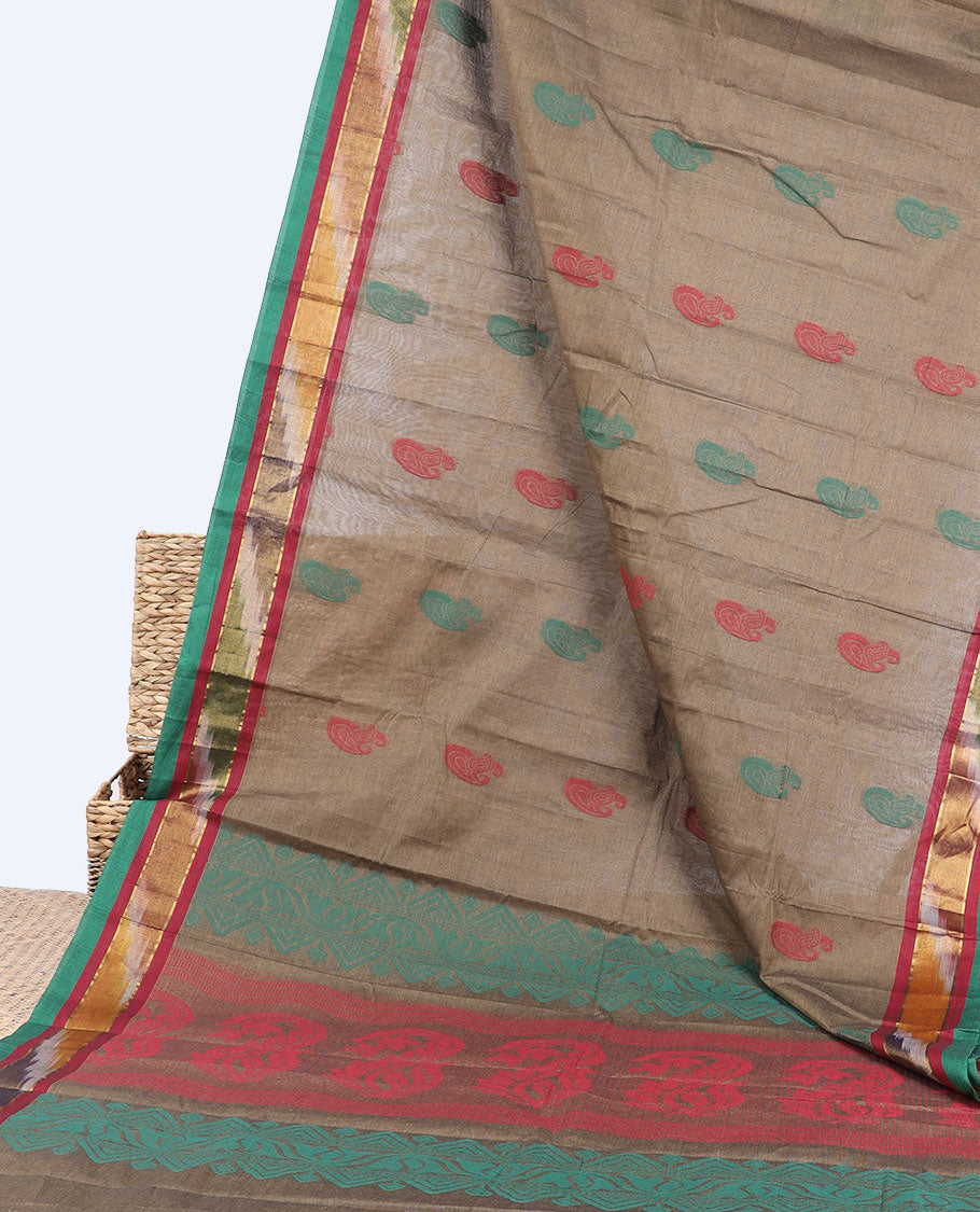 Grey kanchi cotton saree with buttas, contrast ikkat border & pallu of intricate designs