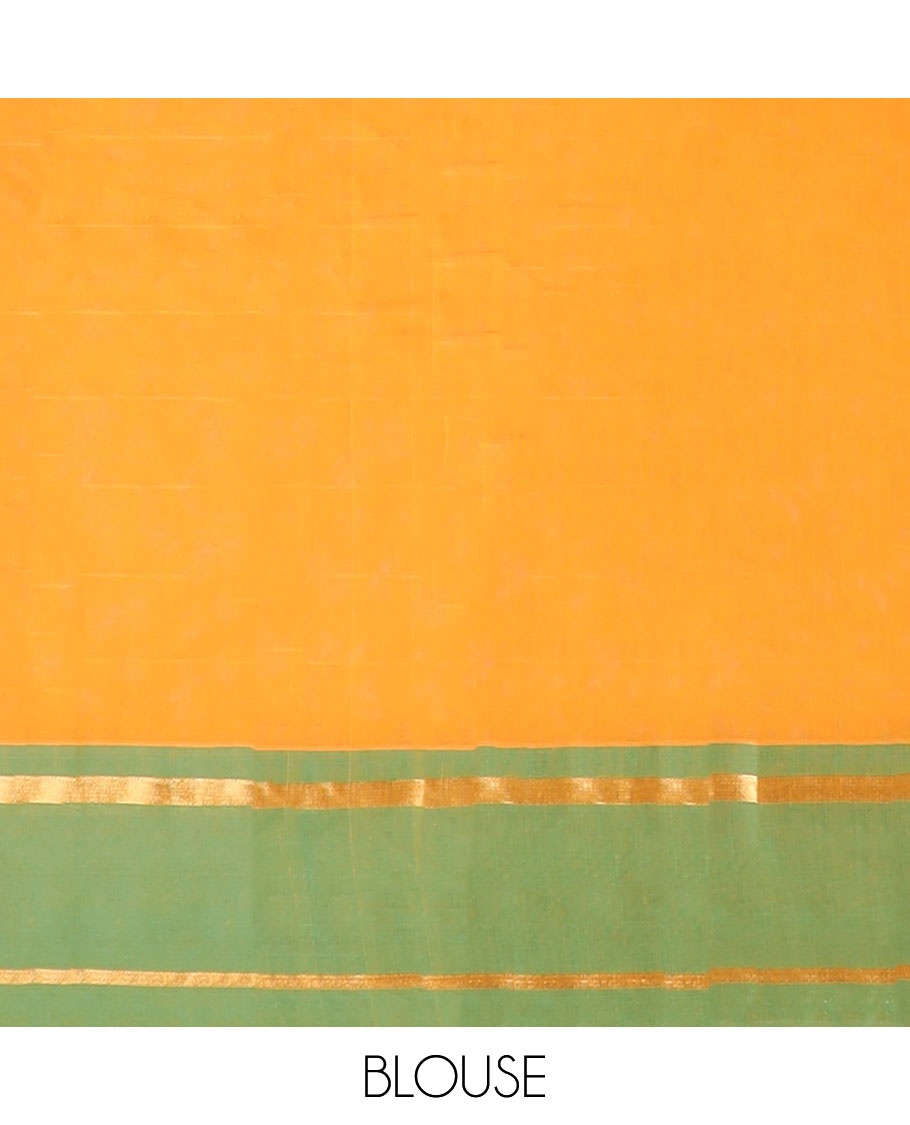 Orange kanchi cotton saree with buttas, contrast striped border & pallu of floral designs