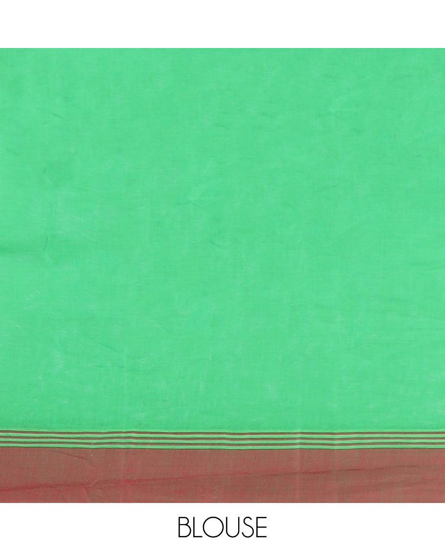 Green kanchi cotton saree with buttas, contrast plain border & pallu of jaal designs