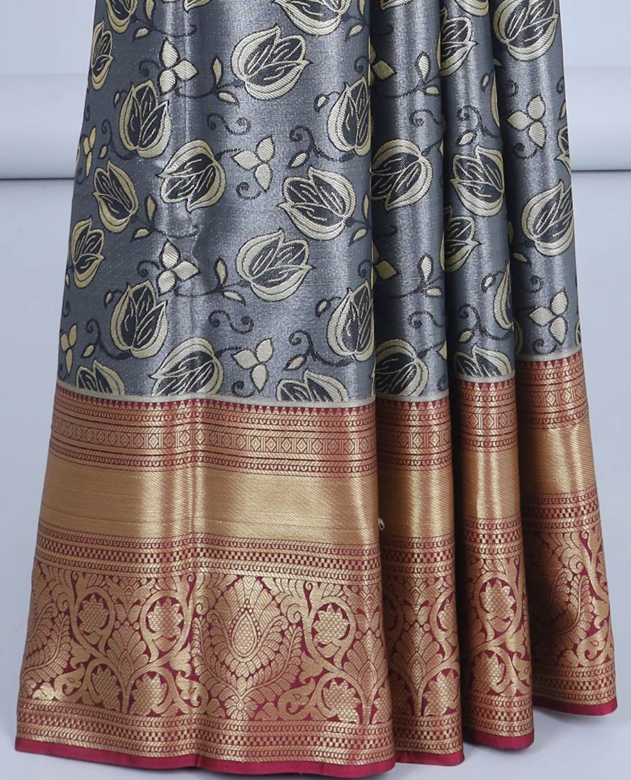 Grey floral design semi banaras tissue saree, contrast traditional design border & pallu of floral designs