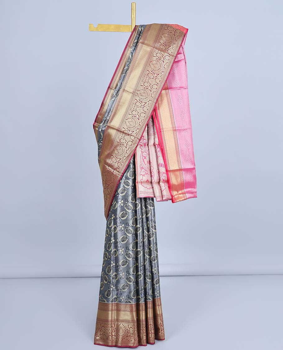 Grey floral design semi banaras tissue saree, contrast traditional design border & pallu of floral designs