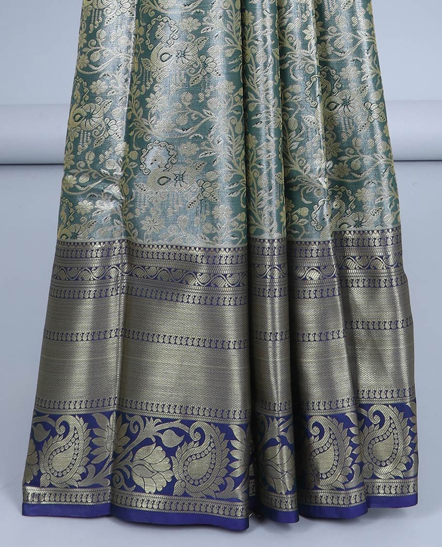 Grey floral jacquard semi banaras tissue saree, contrast traditional design border & pallu of intricate designs