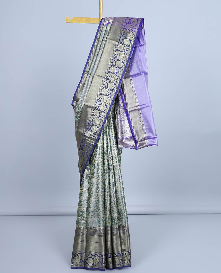 Grey floral jacquard semi banaras tissue saree, contrast traditional design border & pallu of intricate designs