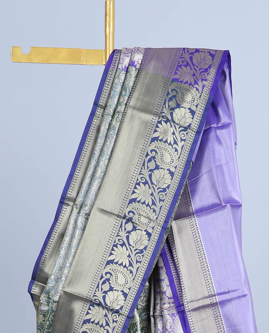 Grey floral jacquard semi banaras tissue saree, contrast traditional design border & pallu of intricate designs