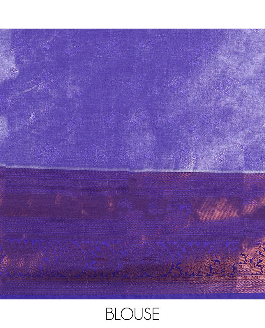 Blue floral jacquard semi banaras tissue saree, contrast traditional design border & pallu of intricate designs