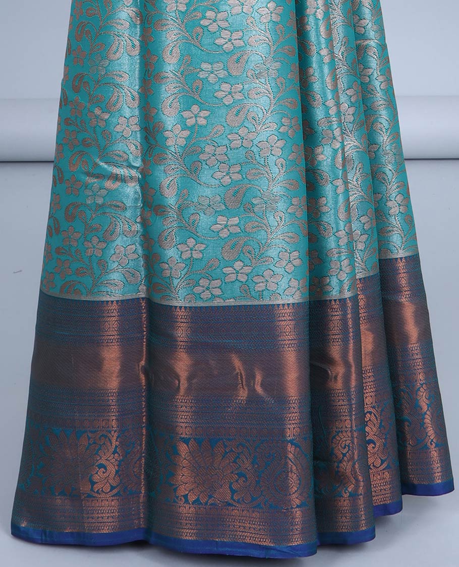 Blue floral jacquard semi banaras tissue saree, contrast traditional design border & pallu of intricate designs