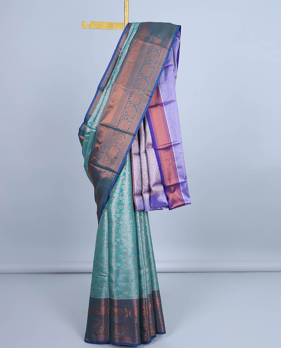 Blue floral jacquard semi banaras tissue saree, contrast traditional design border & pallu of intricate designs