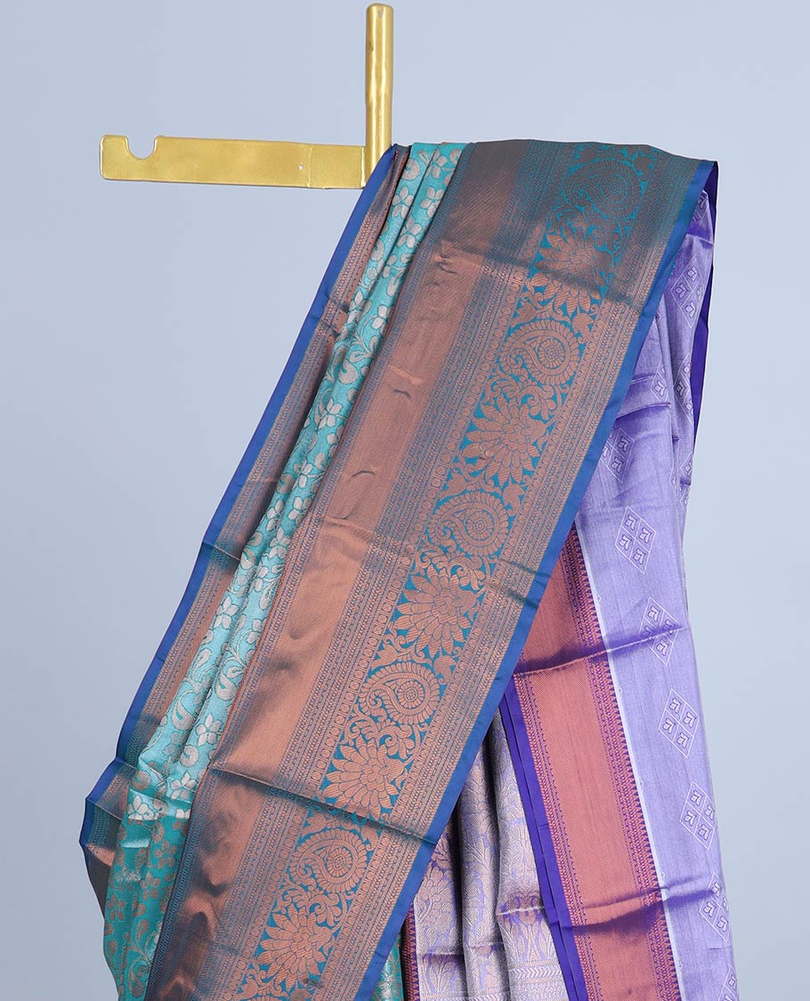 Blue floral jacquard semi banaras tissue saree, contrast traditional design border & pallu of intricate designs