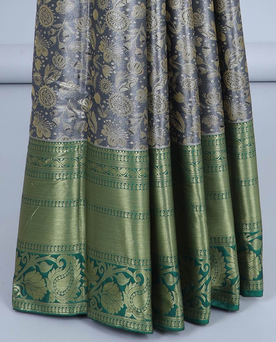 Grey floral jacquard semi banaras tissue saree, contrast traditional design border & pallu of intricate designs