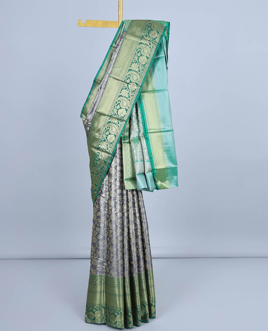Grey floral jacquard semi banaras tissue saree, contrast traditional design border & pallu of intricate designs