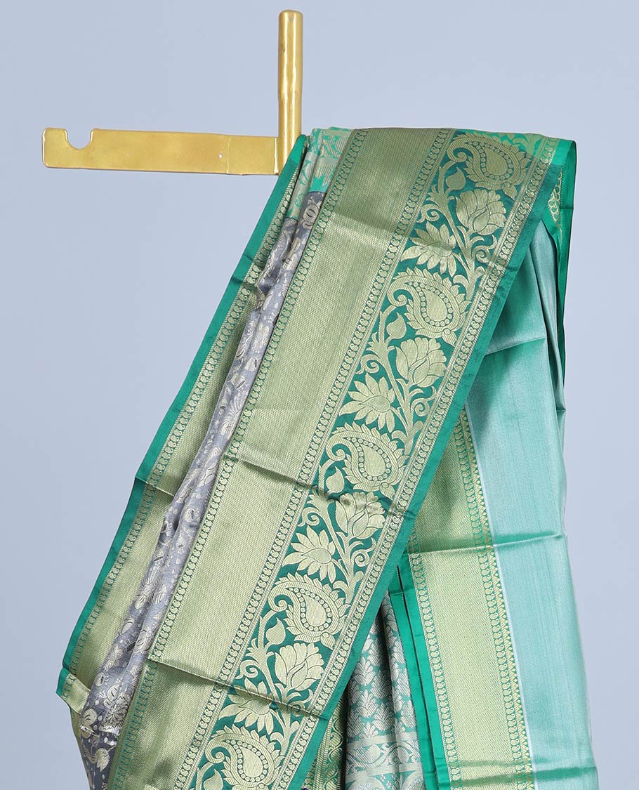 Grey floral jacquard semi banaras tissue saree, contrast traditional design border & pallu of intricate designs