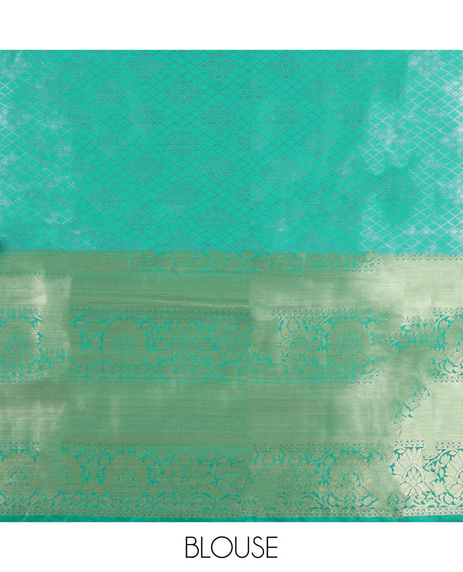 Blue floral jacquard semi banaras tissue saree, contrast traditional design border & pallu of intricate designs