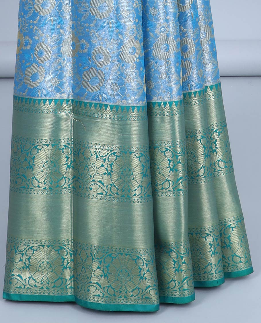 Blue floral jacquard semi banaras tissue saree, contrast traditional design border & pallu of intricate designs