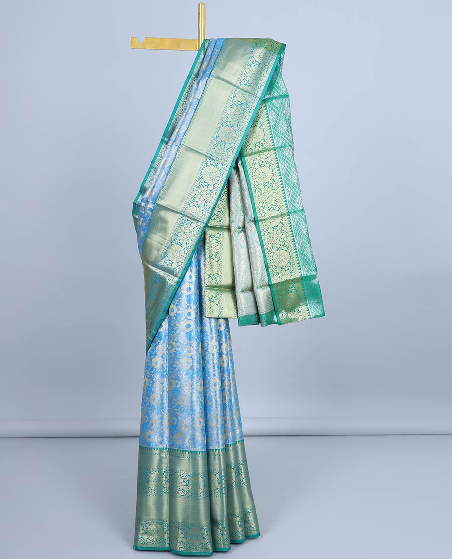 Blue floral jacquard semi banaras tissue saree, contrast traditional design border & pallu of intricate designs