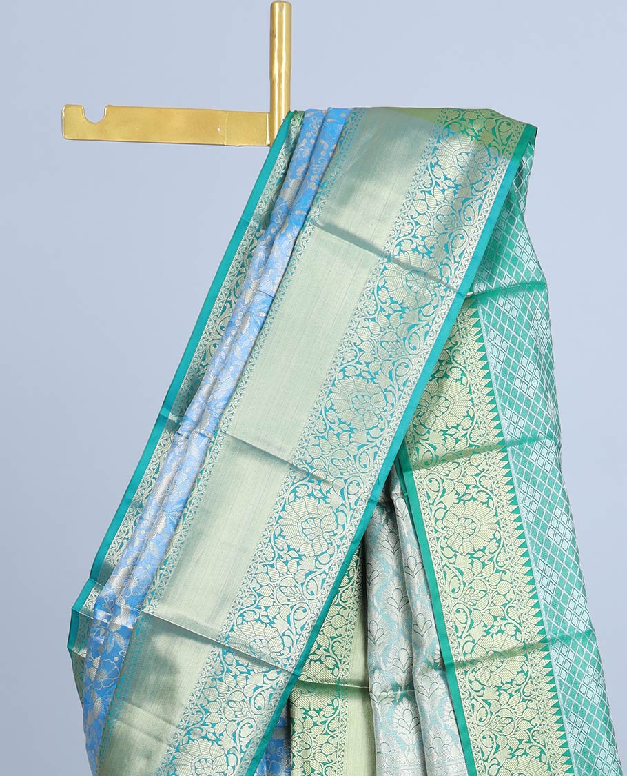Blue floral jacquard semi banaras tissue saree, contrast traditional design border & pallu of intricate designs