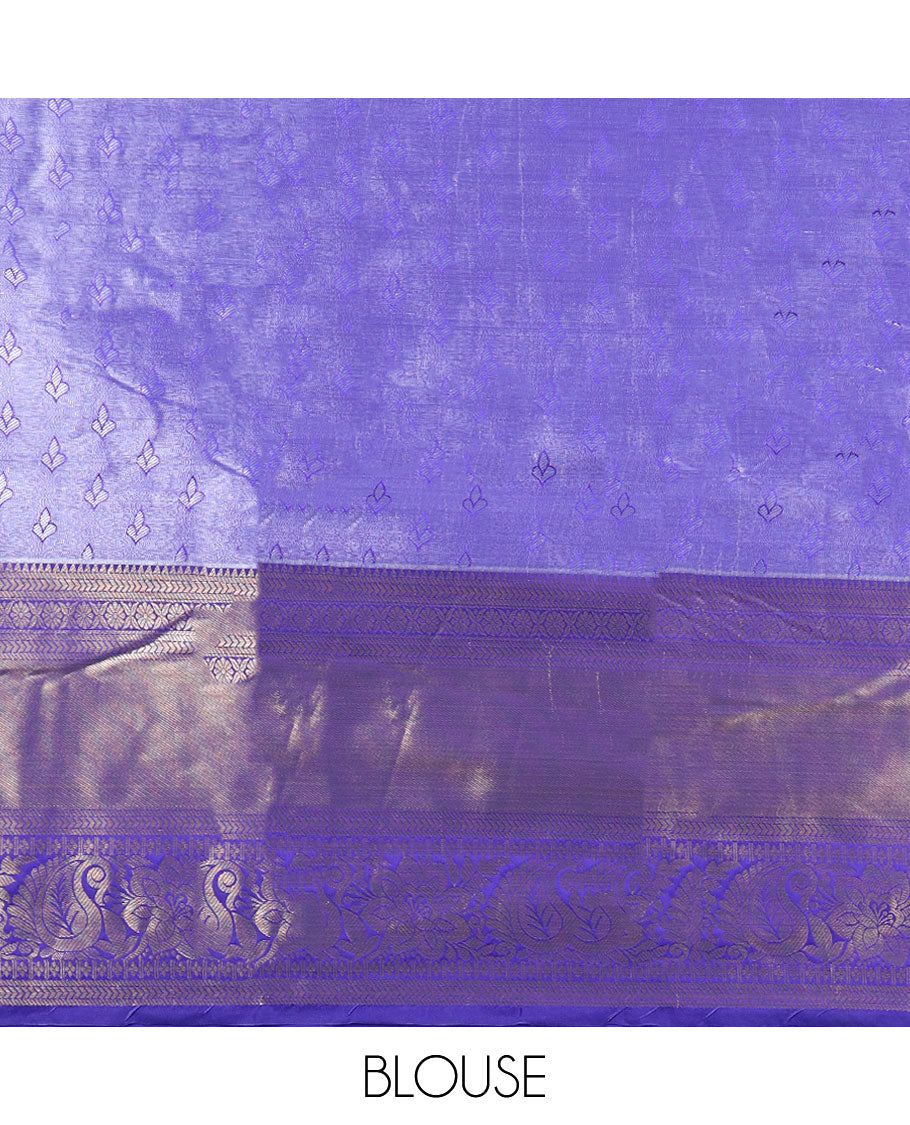 Green floral jacquard semi banaras tissue saree, contrast traditional design border & pallu of leaf designs